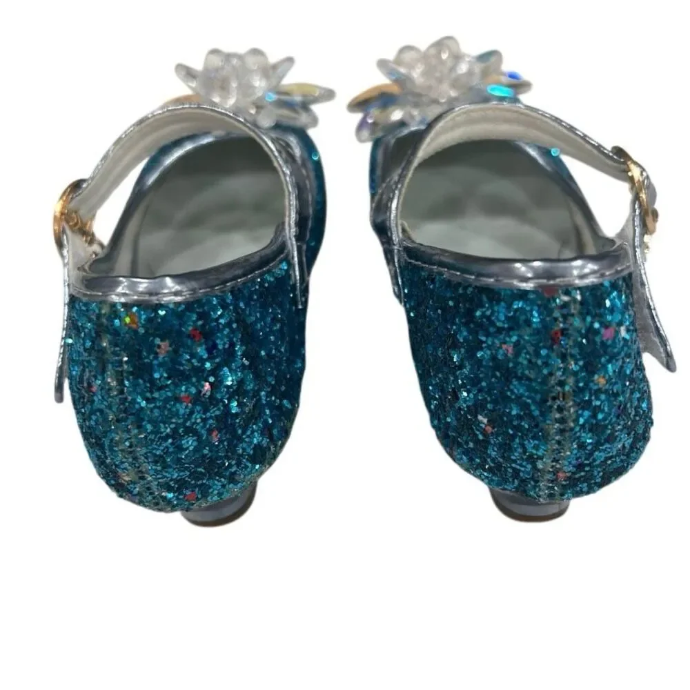 NWOT Jiadowang Dance Shoes Girls Size 31 Blue Glittered Crystal Flower Accent